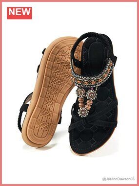 Bohemian Flat Sandals with Rhinestones Elastic Ankle Strap Comfortable Walking